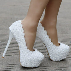 Spring round toe shallow pearl lace flower waterproof table wedding shoes banquet dress large size thin high-heeled women's shoe