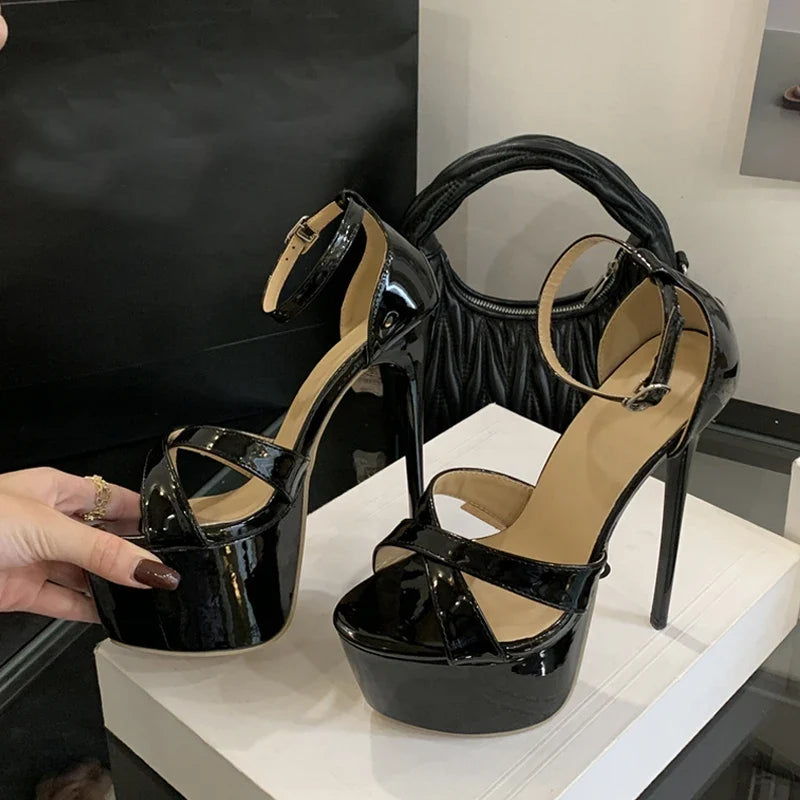Black Patent Leather Women Sexy Fetish Sandals