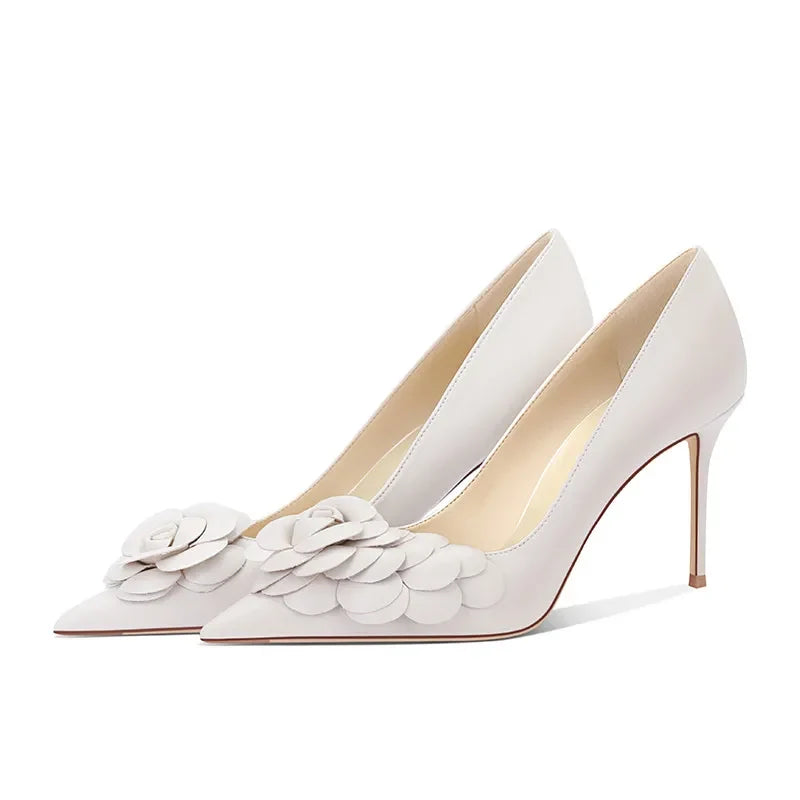 Cream White Camellia High Heels Pointed Toe Stiletto Pumps Elegant French Style Niche Design Party Wedding Shoes