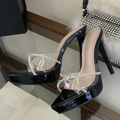 Rhinestone Cross Strap Transparent Slippers