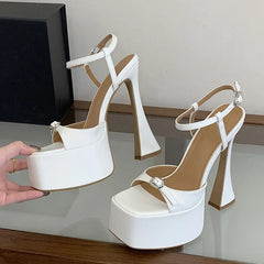 Summer Sexy Thick Bottom Square Toe 16CM Chunky High Heels Wedding Prom Shoe Crystal Buckle Platform Sandals