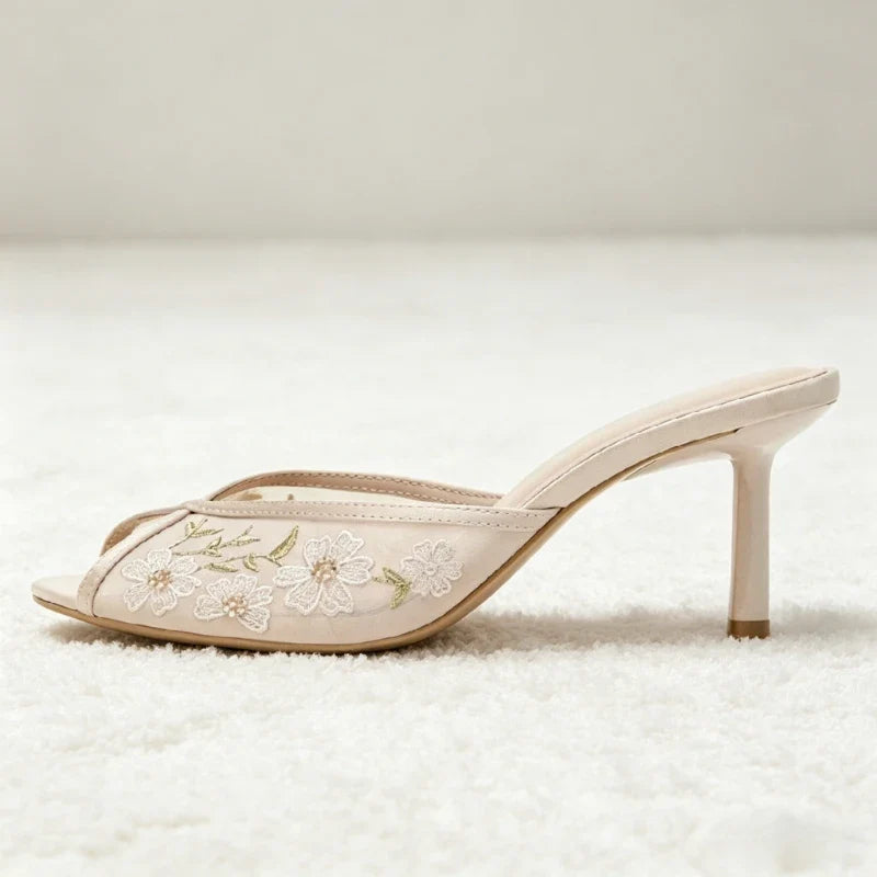 Black Mesh Embroidered Design Stiletto Slippers