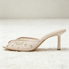 Black Mesh Embroidered Design Stiletto Slippers