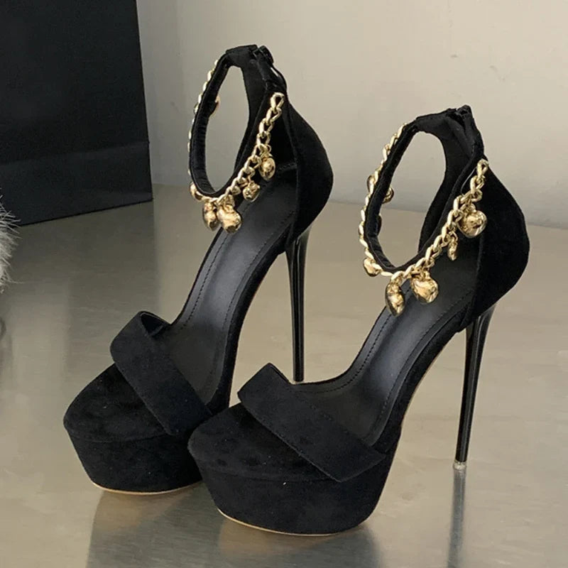 Design Bell Chain Ankle Zip Cover Strap Women Sexy 16CM Sandal Platform High Heels Party Club Stripper Shoes Black