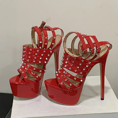 Design Metal Rivet Ankle Strap Platform Sandal Women Sexy Peep Toe 17CM Red High Heels Party Strip Pole Dance Shoe