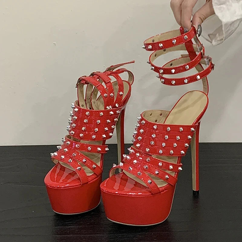 Design Metal Rivet Ankle Strap Platform Sandal Women Sexy Peep Toe 17CM Red High Heels Party Strip Pole Dance Shoe