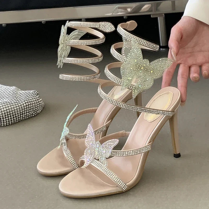 Big Crystal Butterfly Snake Shaped Winding Belt High Feeled Sandals