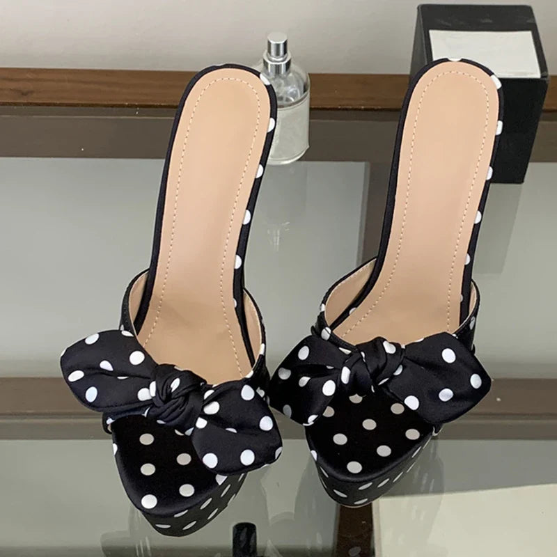 Cute Style Polka Dot Silk Bowknot Peep Toe 16CM Super High Heels Slippers