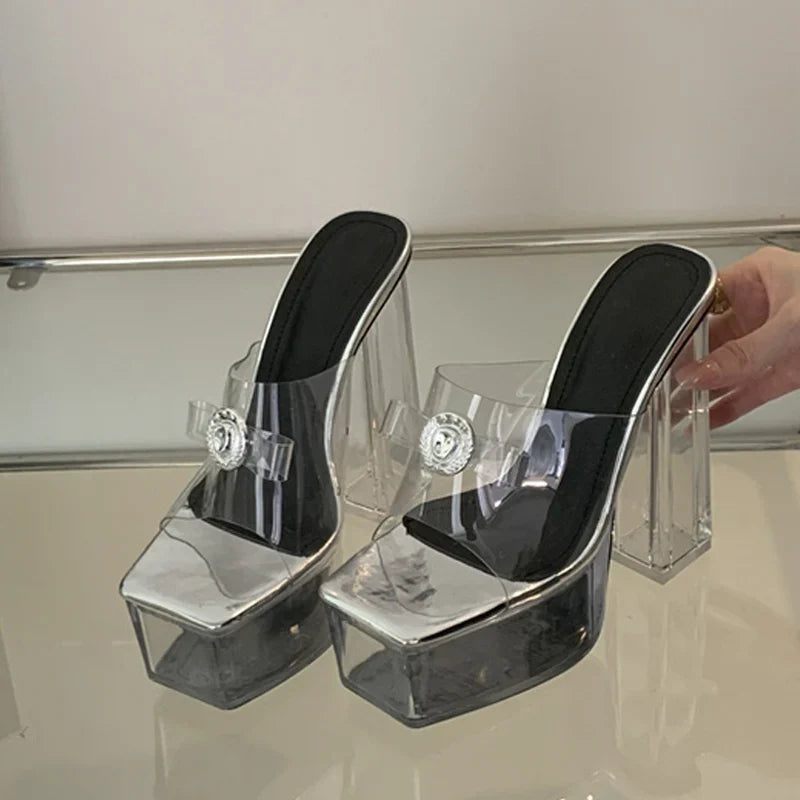 Transparent Chunky High Heels Modern Slippers Ladies Metal Buckle Square Toe Platform Sandals