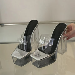 Transparent Chunky High Heels Modern Slippers Ladies Metal Buckle Square Toe Platform Sandals