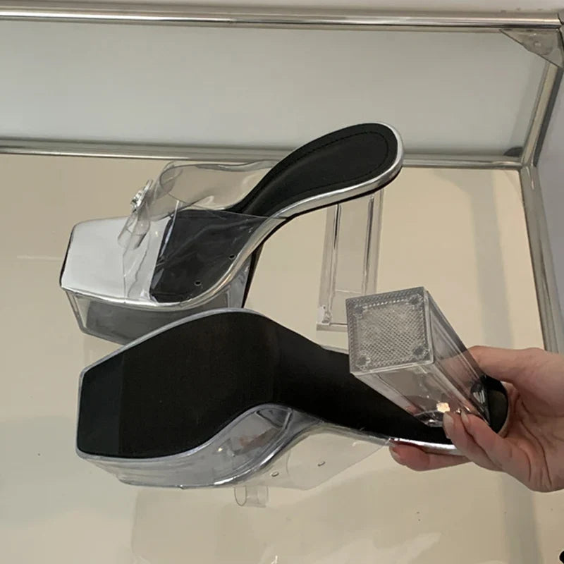Transparent Chunky High Heels Modern Slippers Ladies Metal Buckle Square Toe Platform Sandals