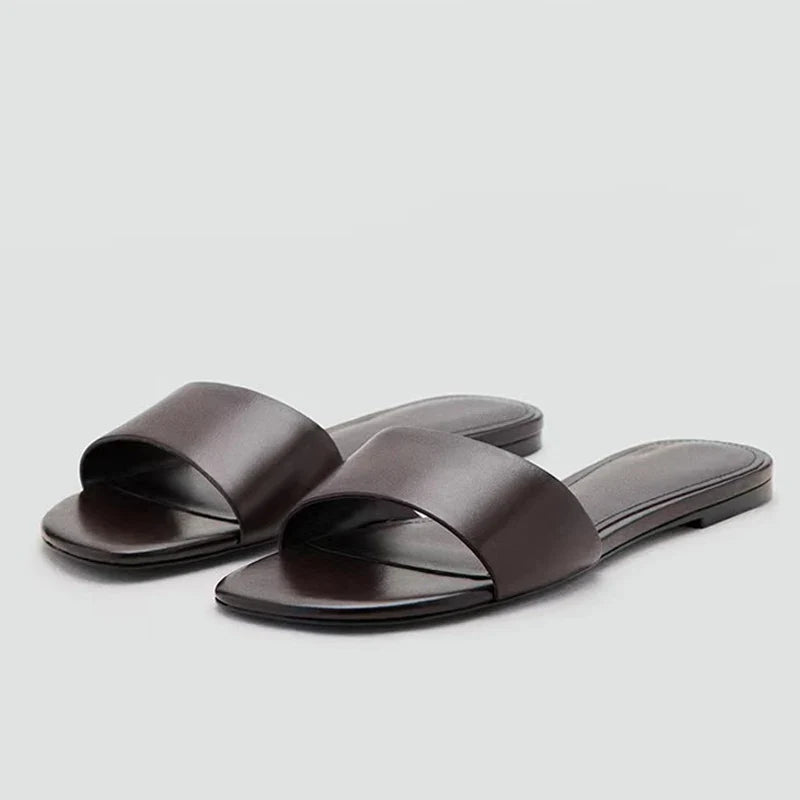 Designer Slides Female Concise Comfortable Leather Square Toe Flat Slippers