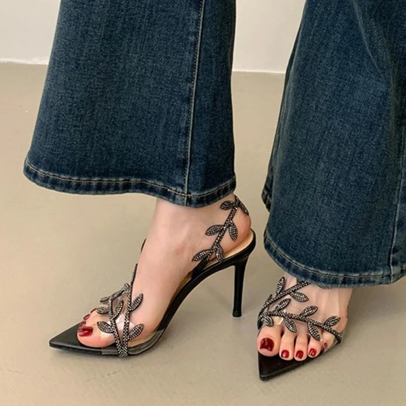 Summer Crystal Rhinestone Gold Leaf Women Sandals