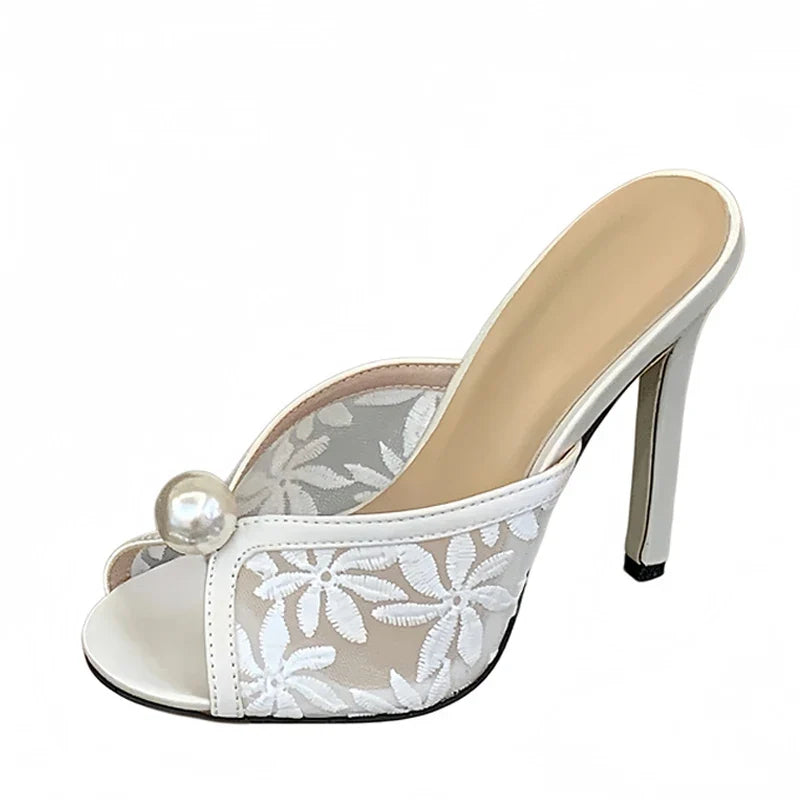 Handmade Embroidery Flower Mesh Women's Thin Heeled Slippers White Pearl Designer Slides Sandals