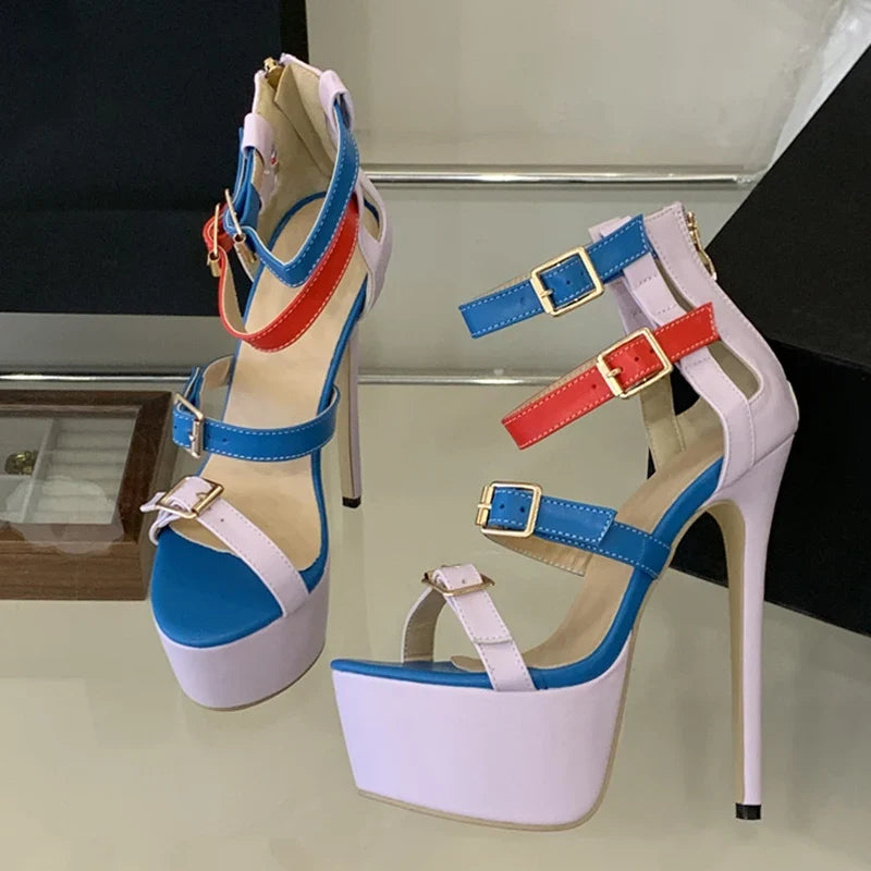 Runway Style Patchwork Mixed Colors One-Line Buckle Sandals