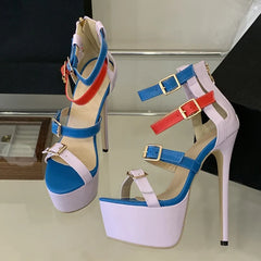 Runway Style Patchwork Mixed Colors One-Line Buckle Sandals
