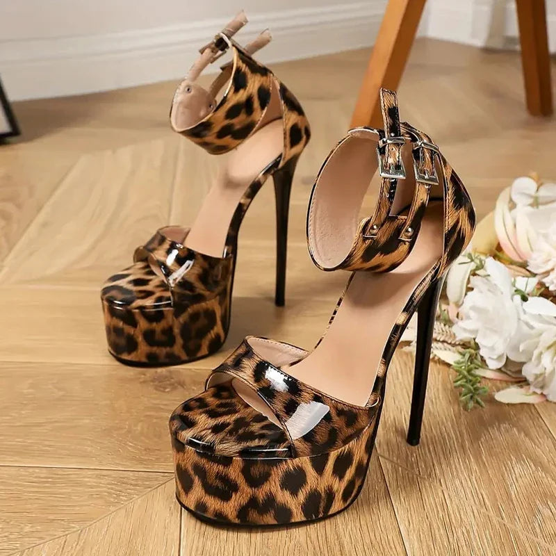 Sexy Peep Toe Party Nightclub Stripper Shoes Leopard Print Platform High Heels 16CM Sandals