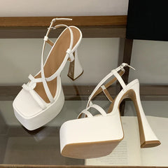 Black White Narrow Band Back Buckle Strap Women Platform Sandals