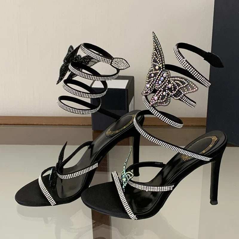 Big Crystal Butterfly Snake Shaped Winding Belt High Feeled Sandals