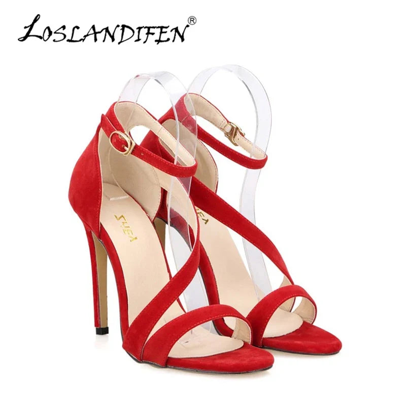 Open Toe Ankle Straps High Heels Stilettos Suede Wedding Shoes 11CM