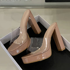 Summer Square Toe 12CM Thick High Heels Platform Slippers Ladies Chunky Sandals