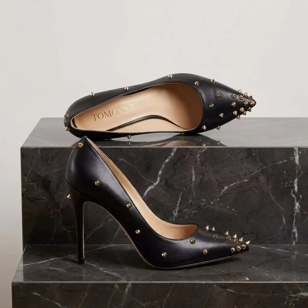 TY-R26 Sexy Black Studded Pointed Toe High Heels