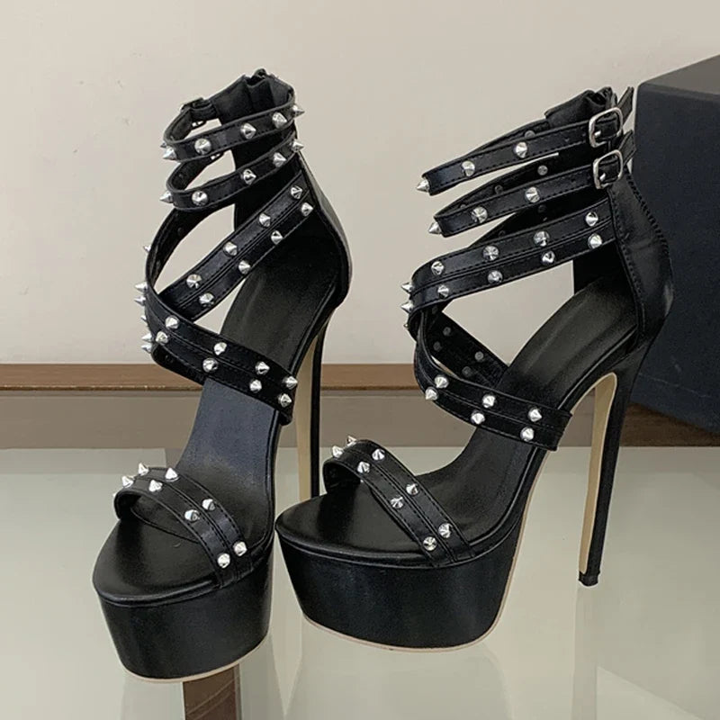 Design Metal Rivet Ankle Zip Cover Strap Women Platform High Heels Sandals