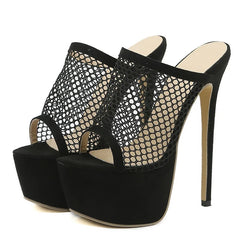 Peep Toe Platform Heels Black Mesh Slippers Summer Sandals