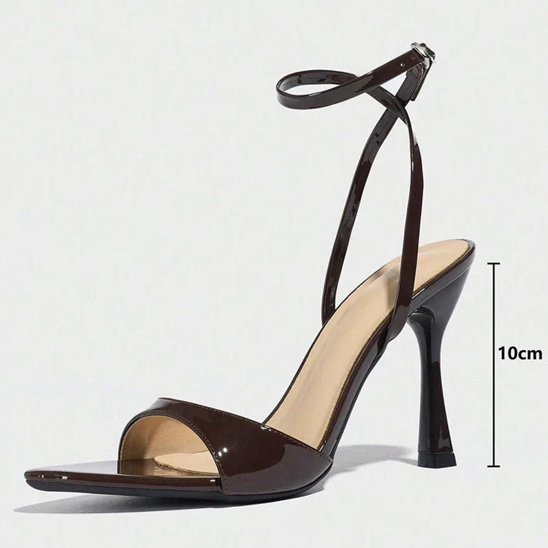 Brown Patent Leather Ankle Strap Sandals