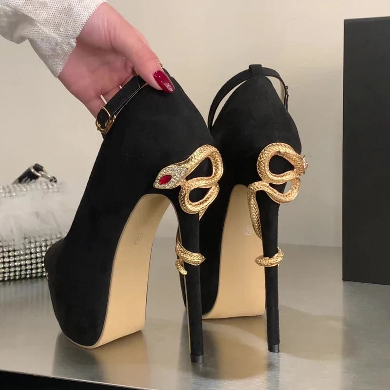 Design Serpentine Surround Buckle Strap Peep Toe Woman Pumps