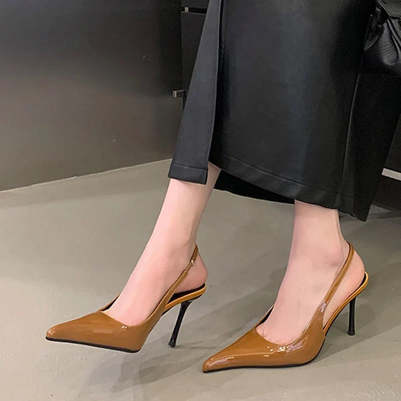 Designer Brown Patent Leather Sexy Pointed Toe Slingback Sandals