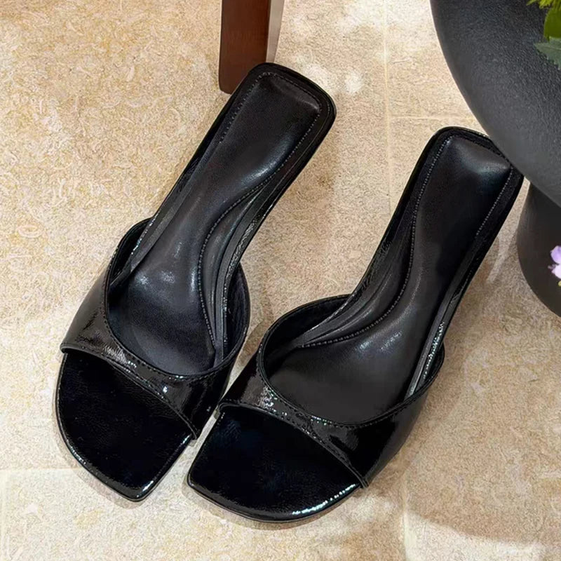 Orange Leather Designer Slides Women Beach Party Shoes Low Thin Heels Slippers Summer Square Toe Gladiator Sandals