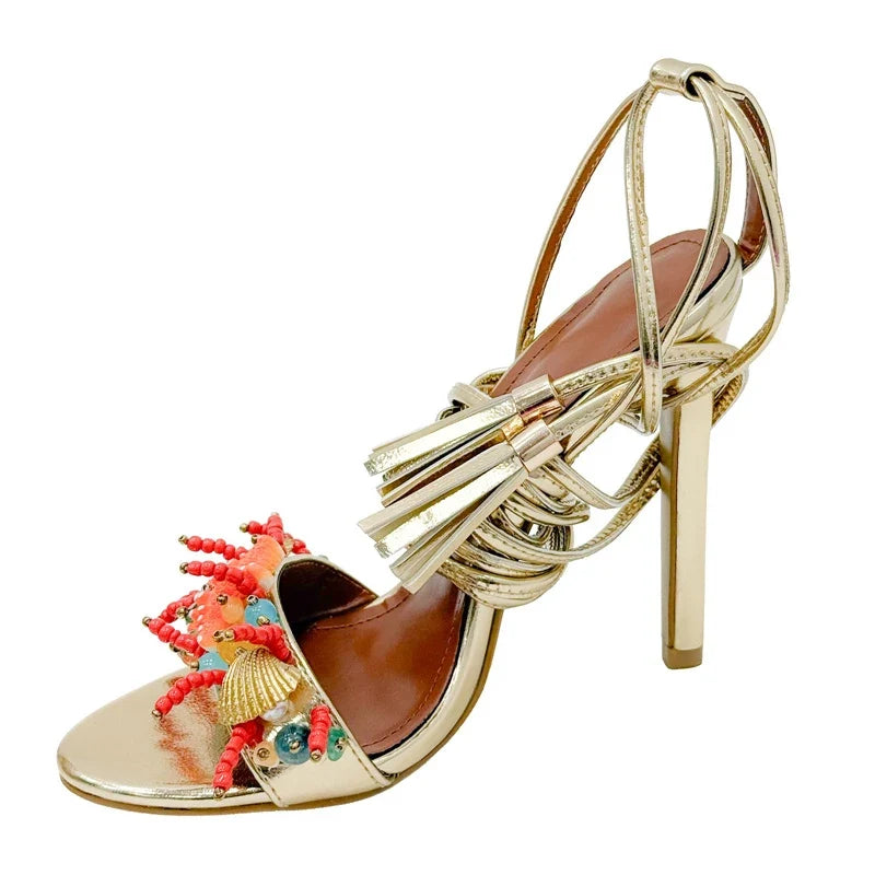 Design String Bead Starfish Shells Coral Gold Sandals