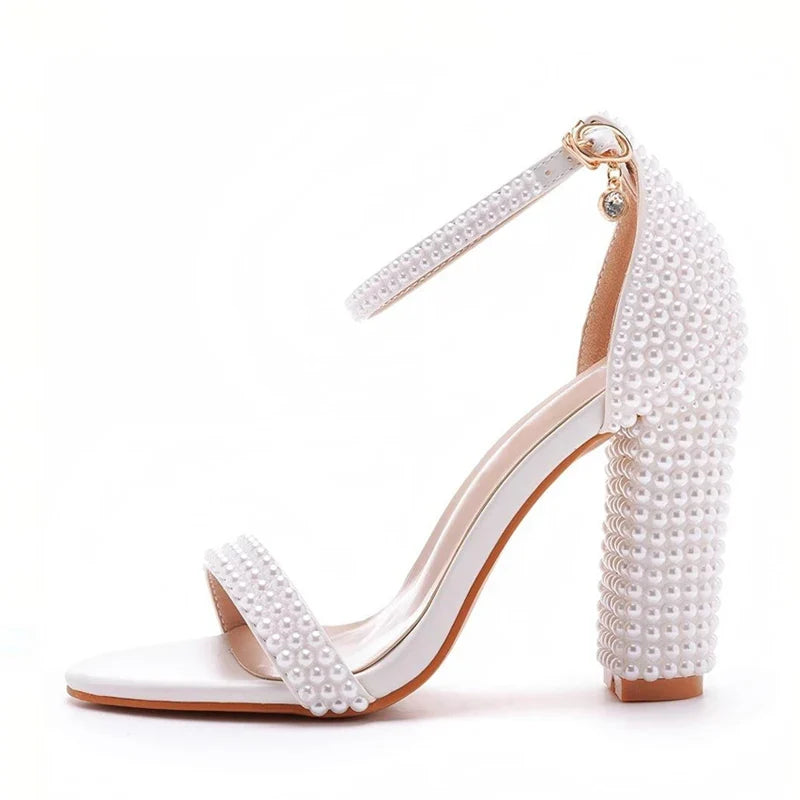 Summer White Pearl Square High Heels Gladiator Sandals