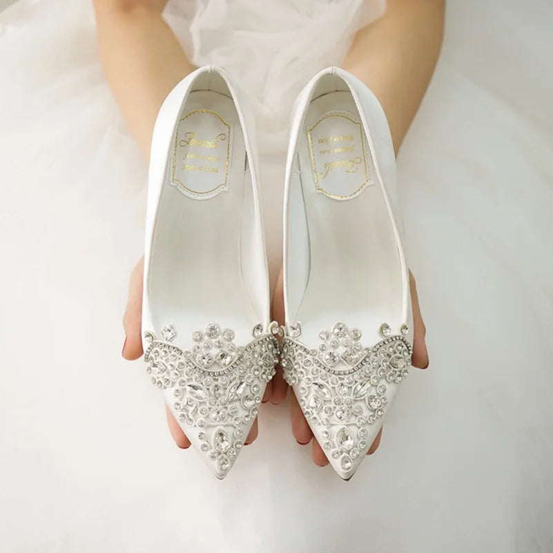 Spring pointed toe shallow silk surface rhinestone buckle wedding shoes banquet large size small size high-healed women's shoes