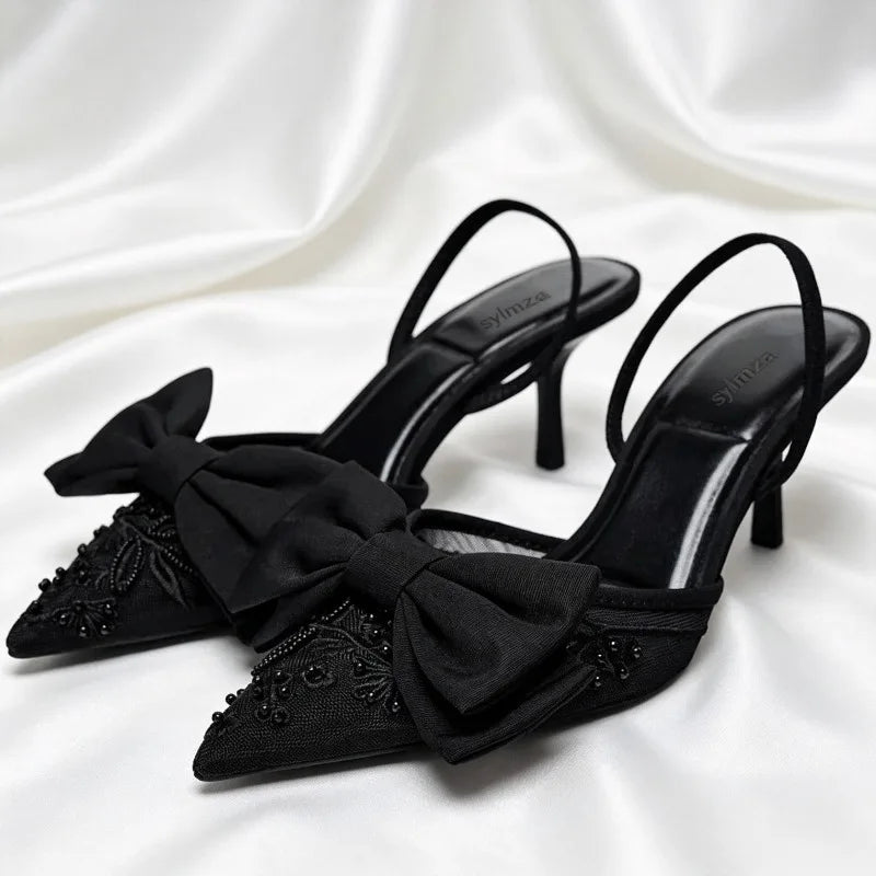 Black Bow String Bead Decoration Pumps