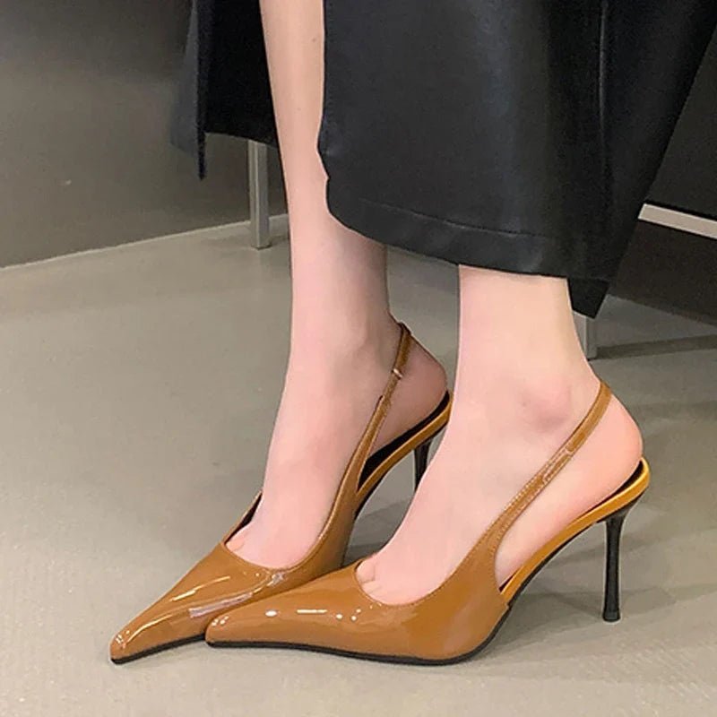 Designer Brown Patent Leather Sexy Pointed Toe Slingback Sandals