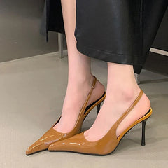 Designer Brown Patent Leather Sexy Pointed Toe Slingback Sandals