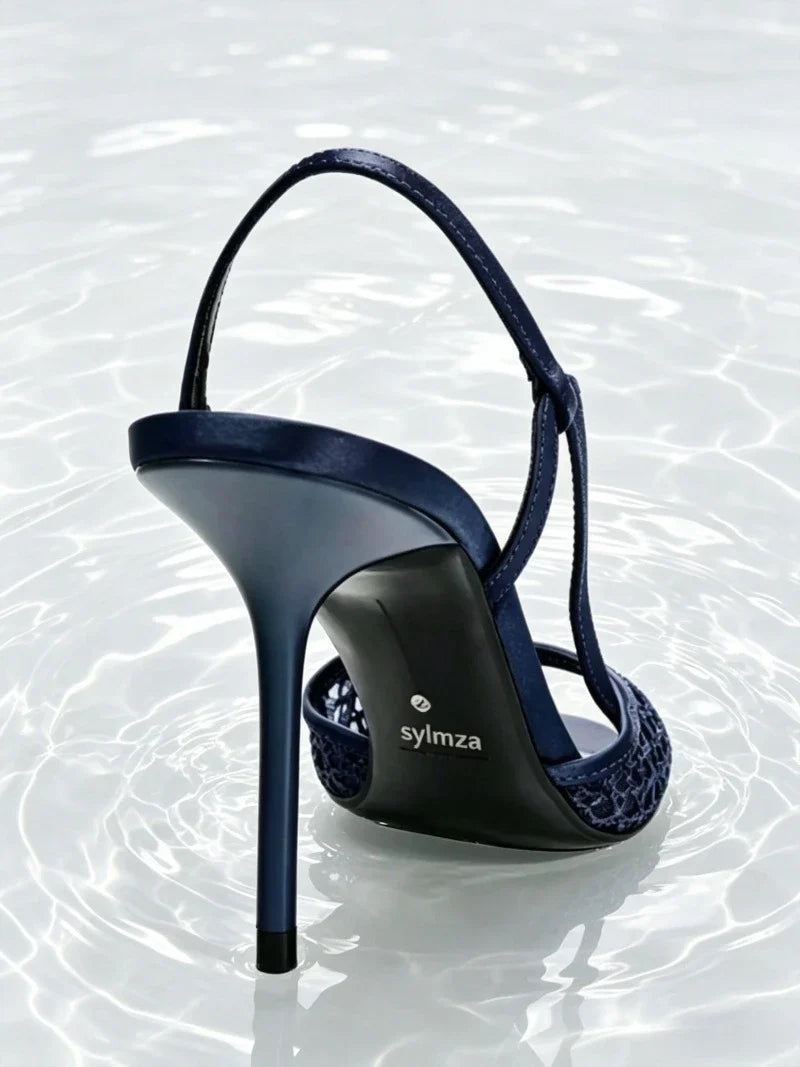 Summer Navy Blue Mesh Satin Heeled Sandals