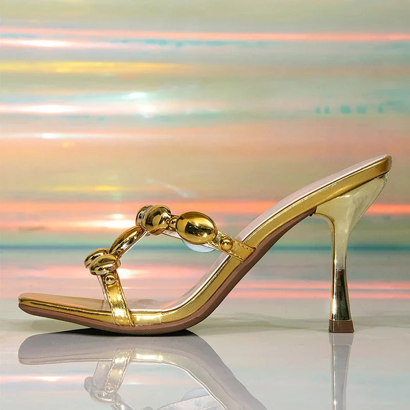 Street Sexy Square Toe Metal Thin Heeled Slippers