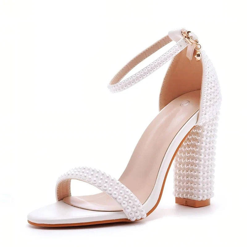 Summer White Pearl Square High Heels Gladiator Sandals