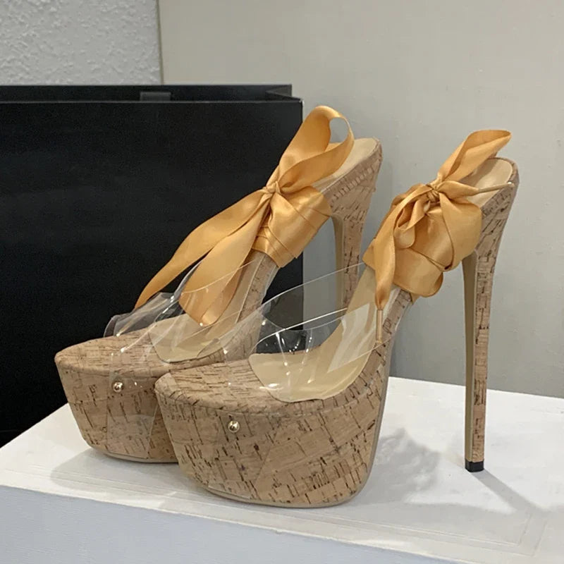 Sexy Yellow Silk Ankle Strap Platform Sandals