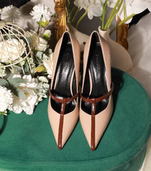 Style High Heels Women's Thin Heels T-shaped Straps Sexy Black Pointed Single Shoes Color blocked Splicing Single Shoes