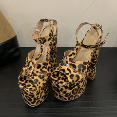 Sexy Leopard Print Patent Leather Chunky Platform Sandals