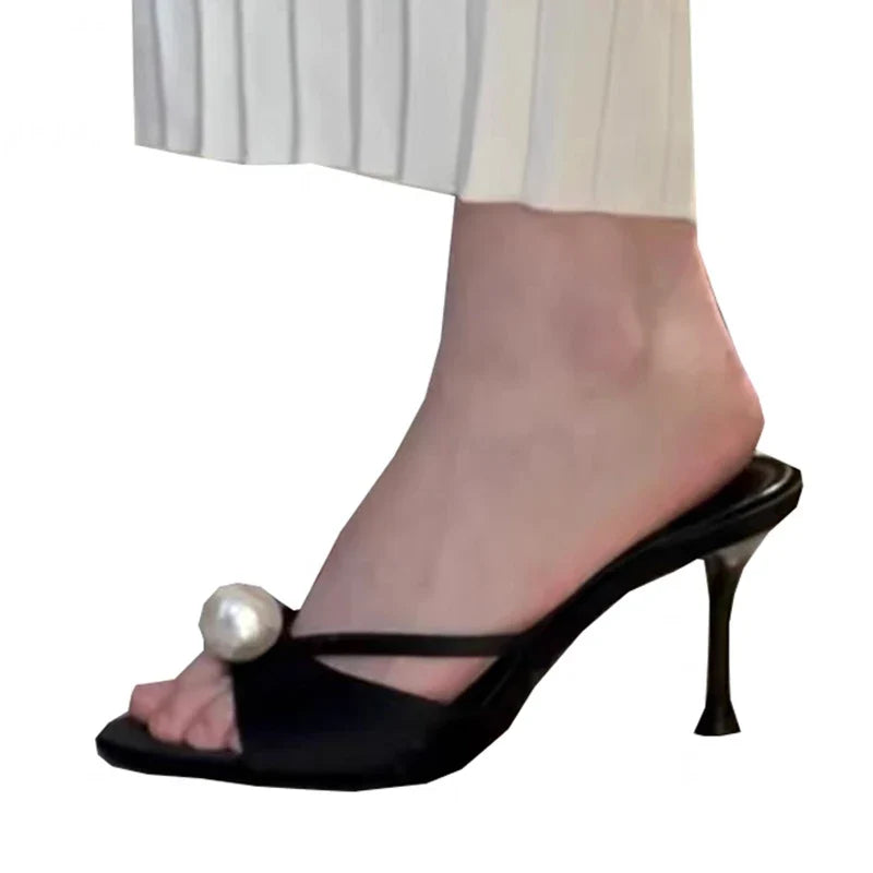 Women Design White Pearl Peep Toe Thin High Heels Modern Slippers Sandals