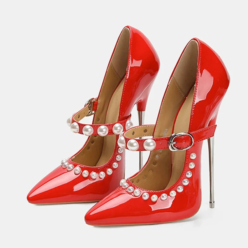 Design Pearls Buckle Strap Patent Leather Women Pumps