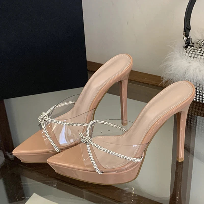 Rhinestone Cross Strap Transparent Slippers