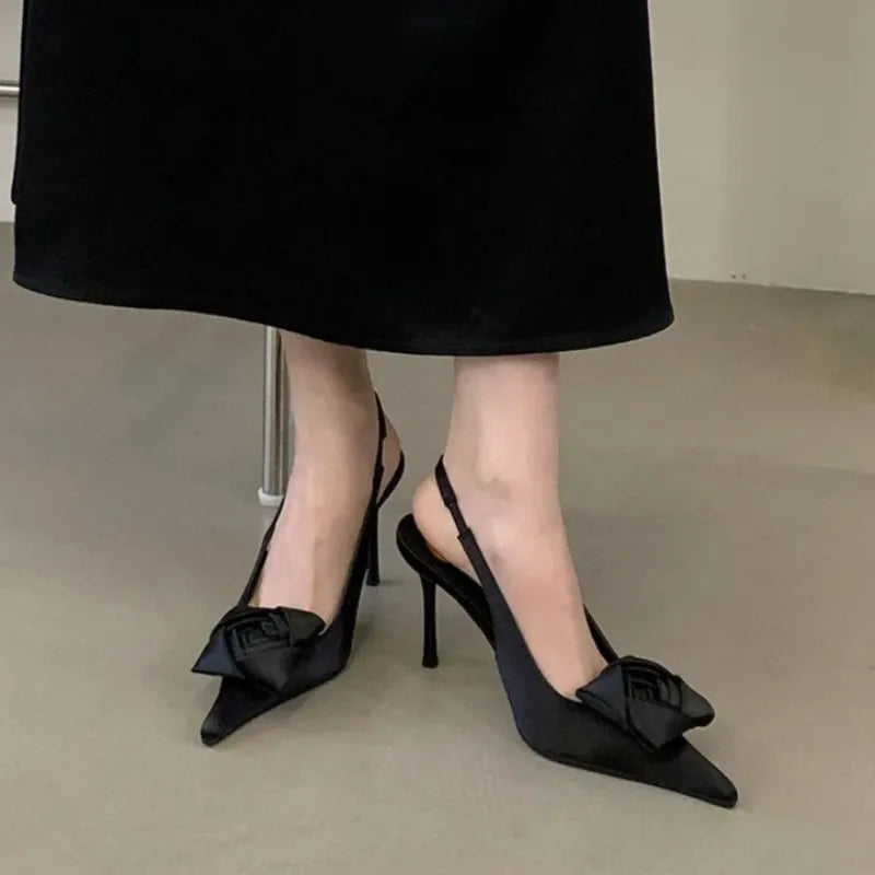 Elegant Satin Flower Decoration Slingback Heels