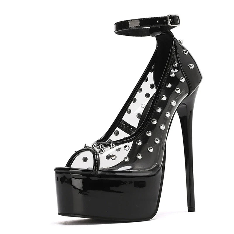 Sexy Peep Toe 16CM Extreme High Heels Stripper Pole Dance Shoes Rivet PVC Transparent Sandals