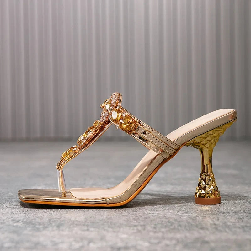 Summer Party Diamond Slippers Ladies Clip Toe Crystal Narrow Band Flip Flops Women Shoes Low Heels Sandalias Mujer